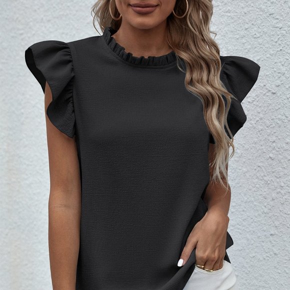 New Mock Neck Lettuce Trim Ruffle Blouse Black - Picture 6 of 7